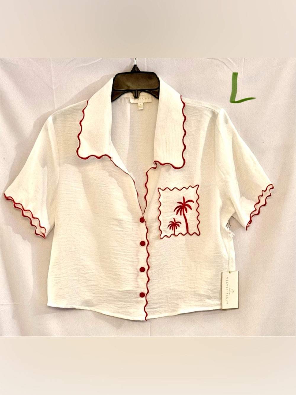 White Short-Sleeve Camp Collar Top with Red Trim